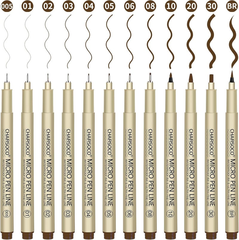 CHARSOCO Brown Micro Pens, 12 Sizes in 0.23mm - 5mm, Waterproof Archival Ink, Fine Point Pen for Artist Illustration, Sketching, Anime, Manga and Technical Drawing - Image 1